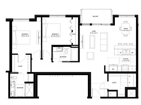 Floor plan for 2 beds, 2 baths, 1200 sqft